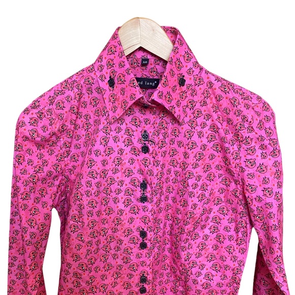 NWT Jared Lang Pink Devil Print Fitted Button Down Top Shirt S - Picture 7 of 10